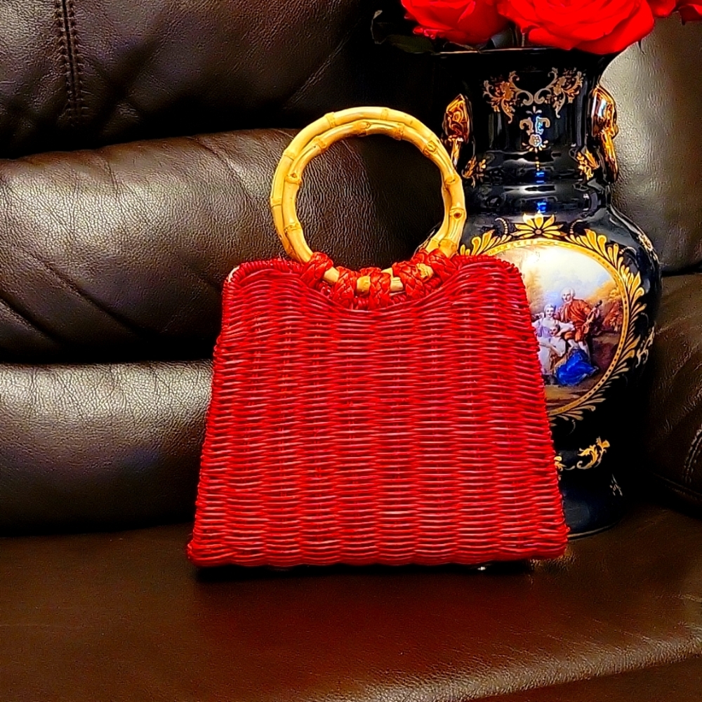 Zara Rattan City Bag Round Handles Fake Bamboo Removable Chain Crossbody Red